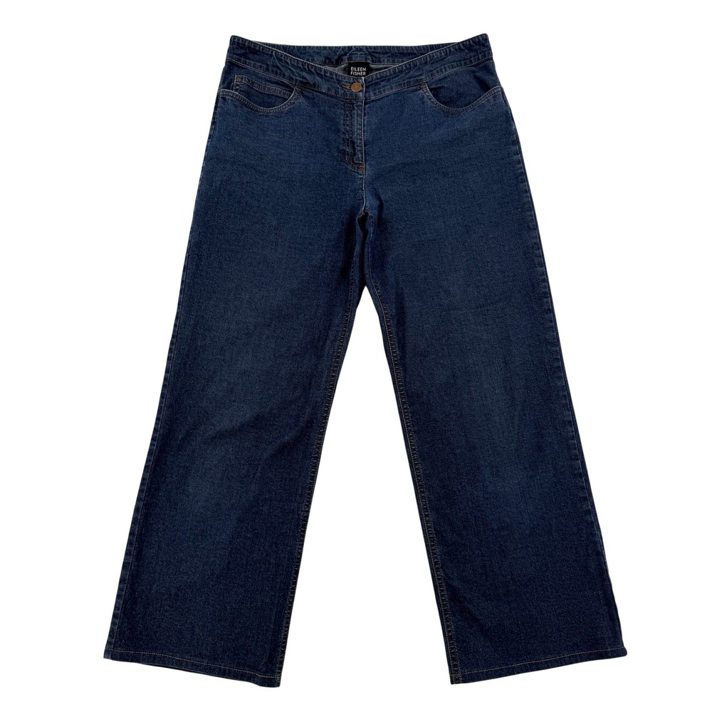 Eileen Fisher Womens Wide Leg Denim Jeans Dark Wash Made in USA Size M Stretch